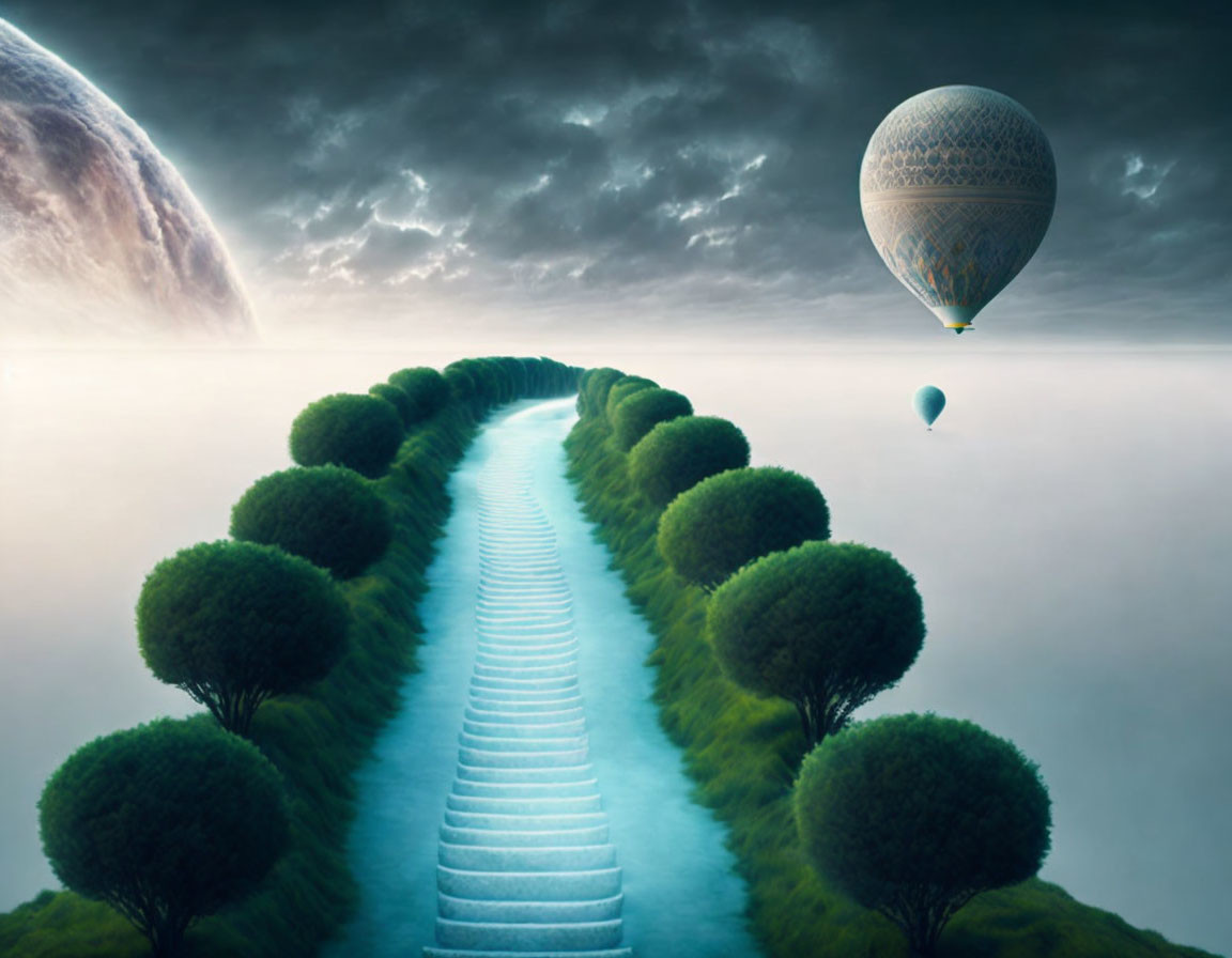 Surreal landscape with stone pathway, round-topped trees, hot air balloons, and large moon