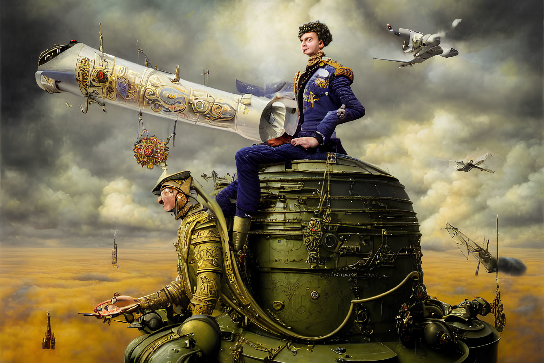 Steampunk scene with two characters on flying cannon amid floating islands