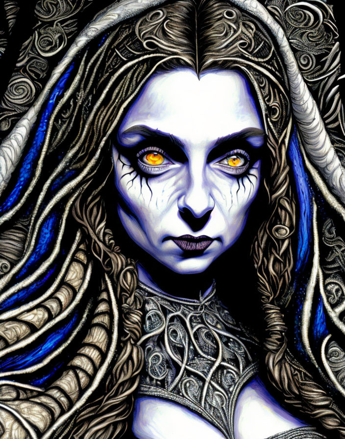 Pale-skinned woman in silver armor with yellow eyes and dark lips surrounded by dark curls.