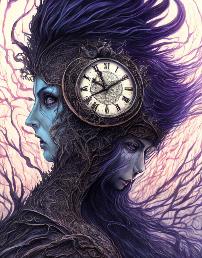 Profile Merge Artwork: Pale and Blue Women with Clock and Ornate Designs