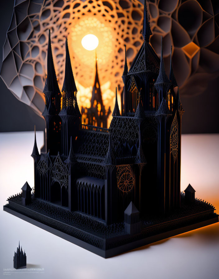 Detailed miniature of Gothic cathedral with intricate architecture and warm light against geometric backdrop