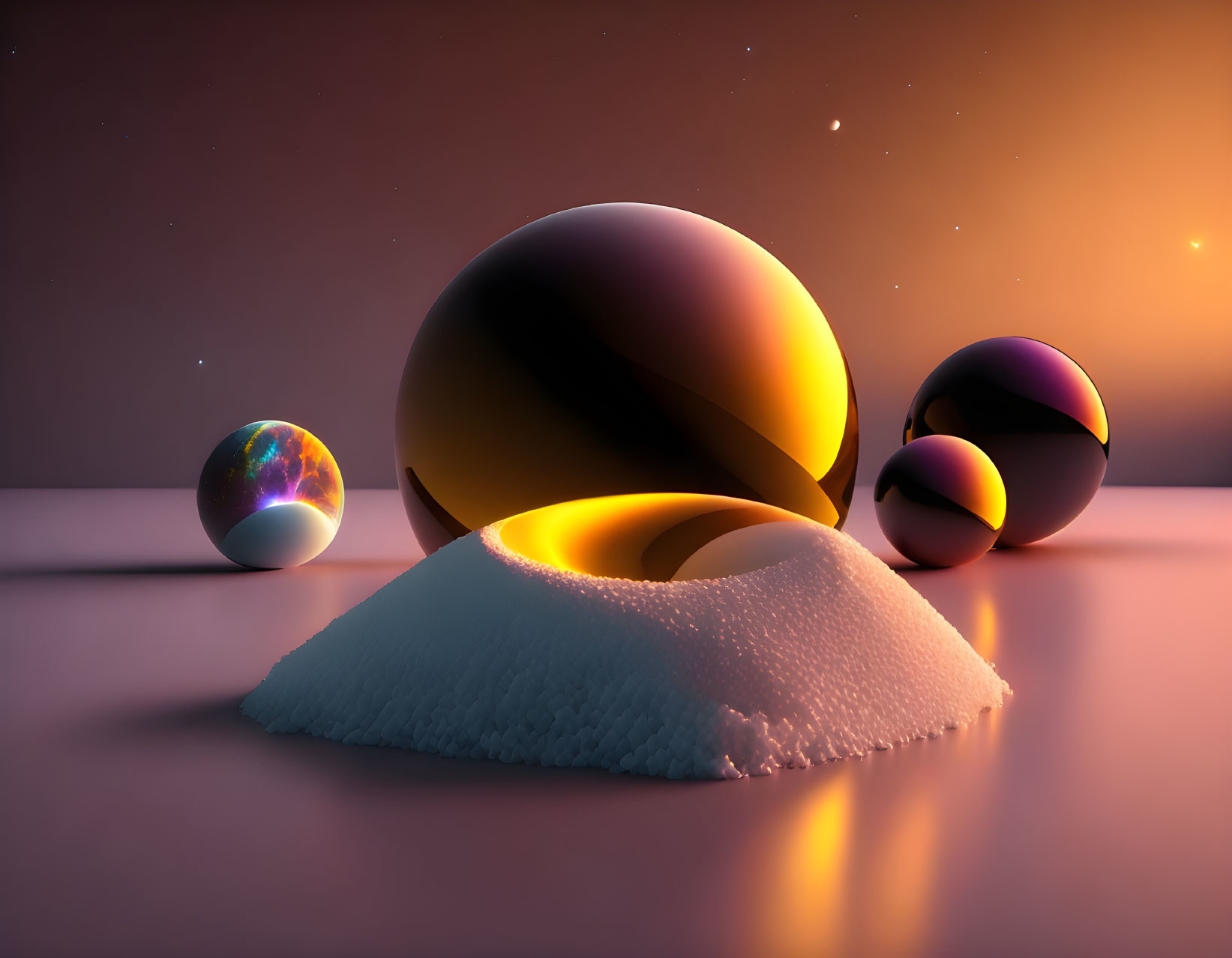 Glossy Spheres in Abstract Landscape with White Sand