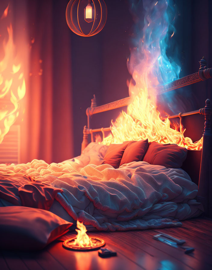 Surreal bedroom scene with flames and fiery entity from burning book