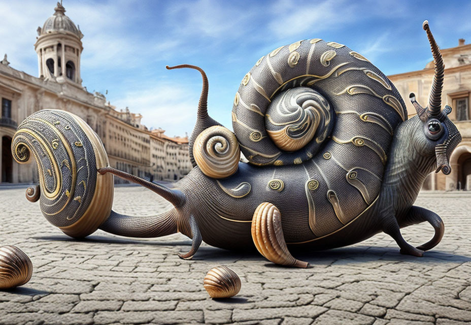 Mechanical snail with ornate gear shell in sunny square