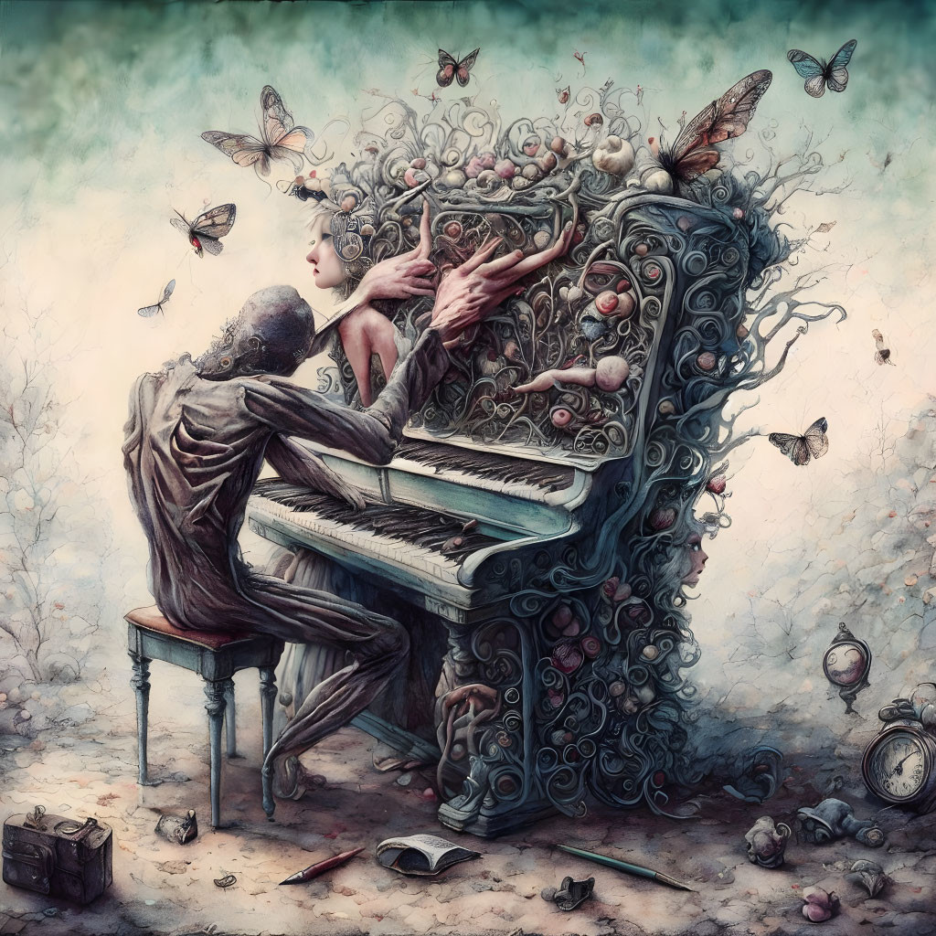 Surreal piano player surrounded by butterflies and ornate details