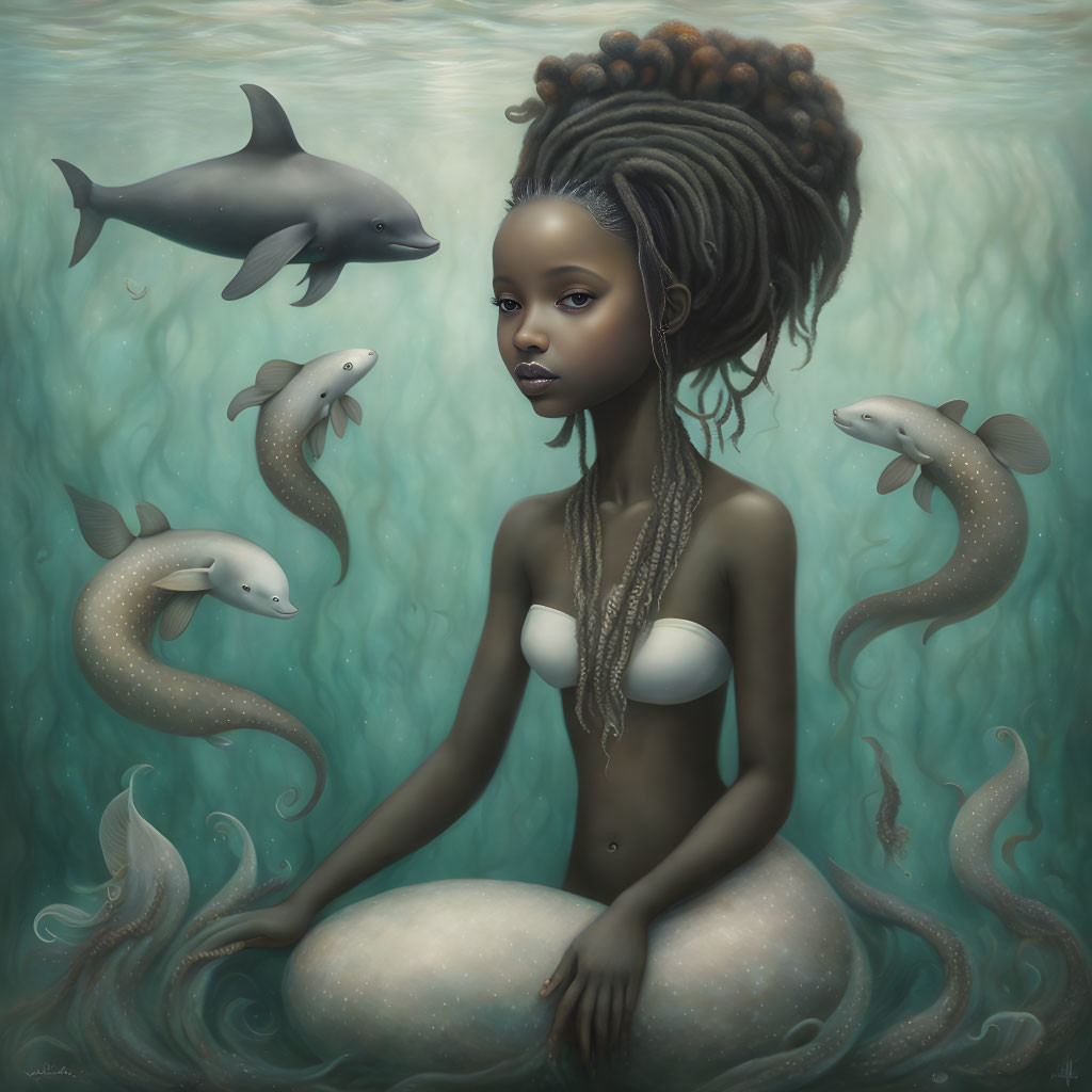 Woman surrounded by dolphins and sea creatures in serene underwater scene