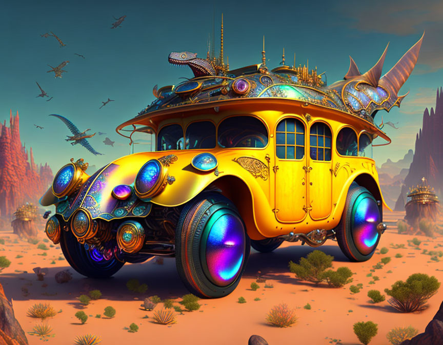 Fantastical yellow bus with blue and purple wheels in desert scenery