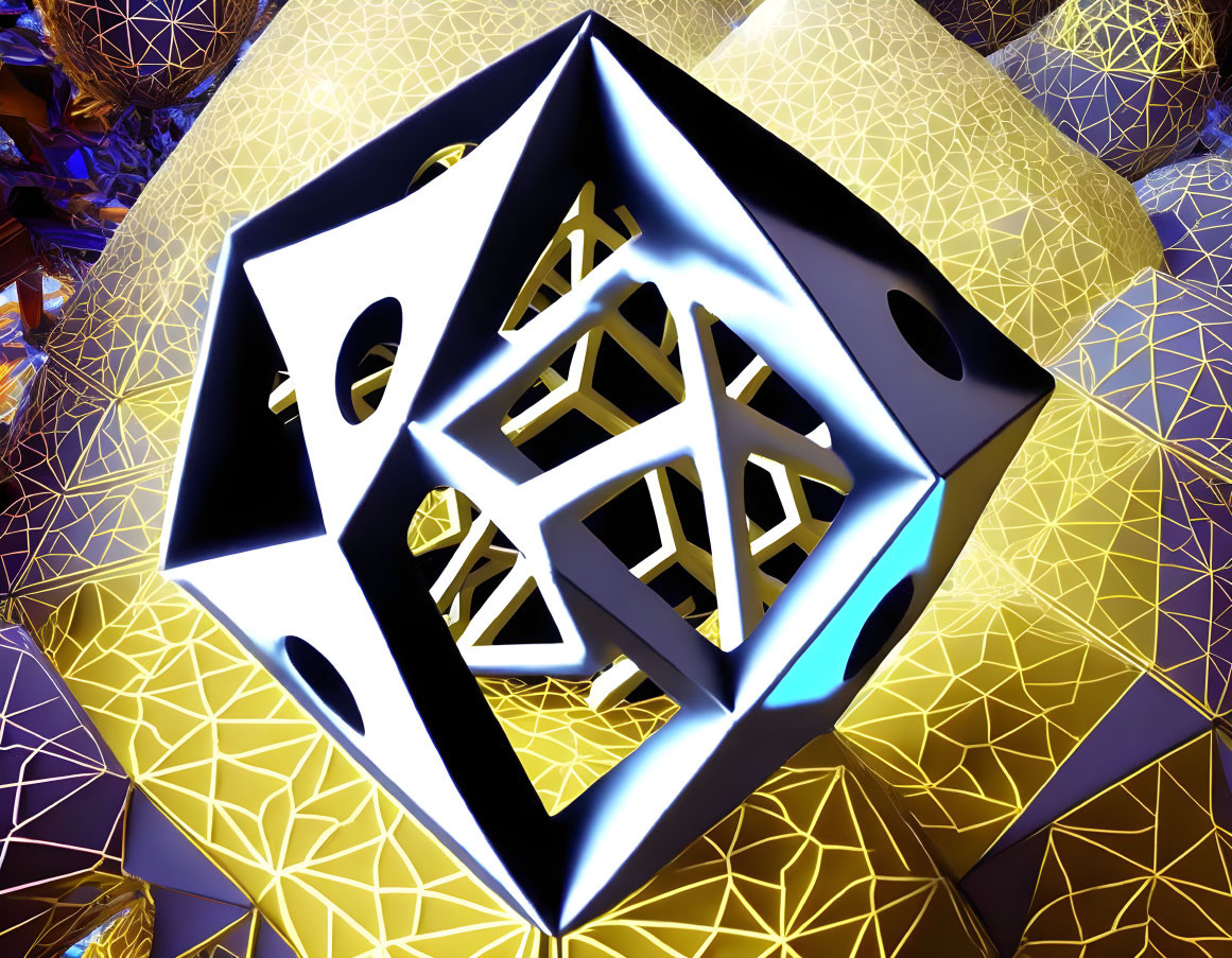 Intricate golden patterns on metallic cube in fractal background