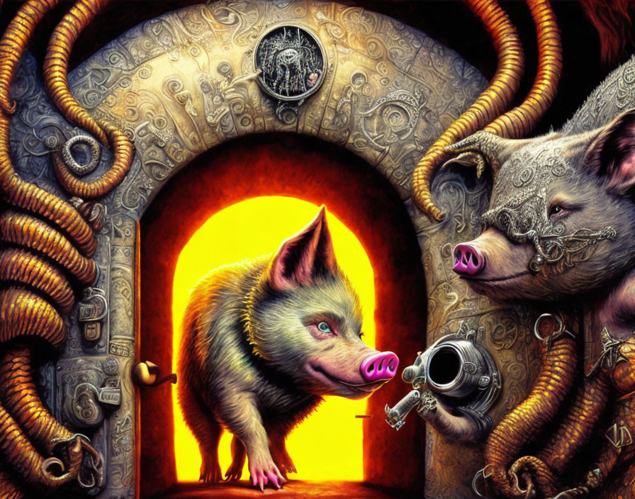 Anthropomorphic pigs with futuristic gun in surreal doorway.