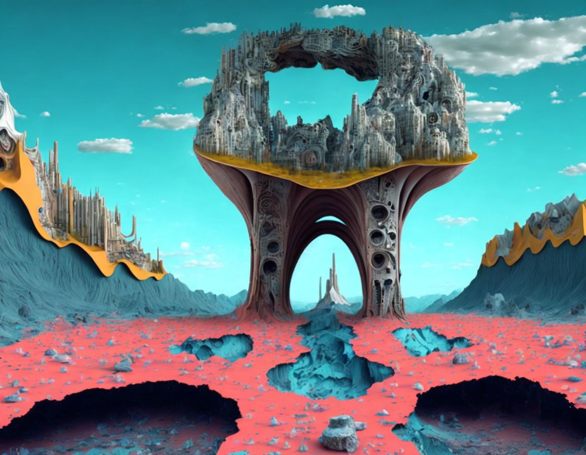 Surreal landscape with intricate donut-shaped structure on red rocky terrain