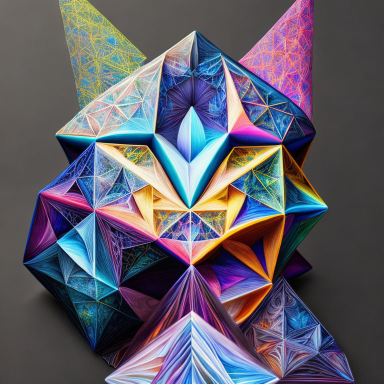 Colorful Geometric Sculpture with Intricate Patterns on Dark Background