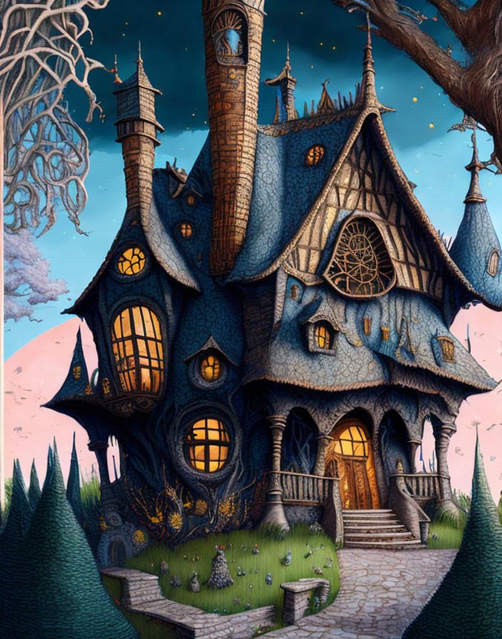 Whimsical house illustration with blue roof and glowing windows