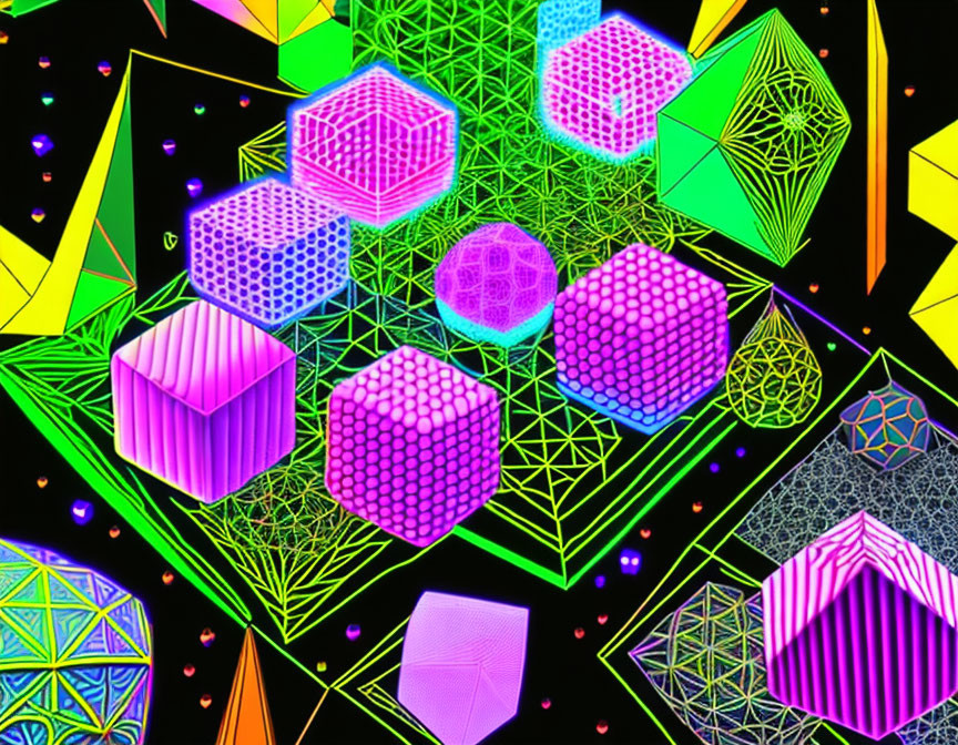 Neon-colored geometric shapes on dark background: Psychedelic digital art