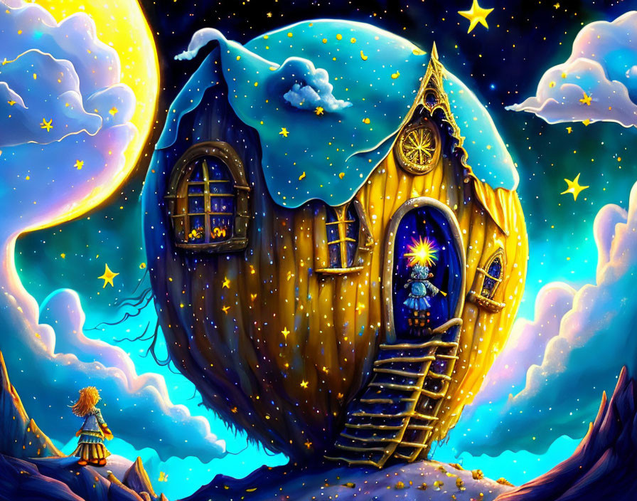 Golden starry night with pumpkin house, crescent moon, snow, and figure