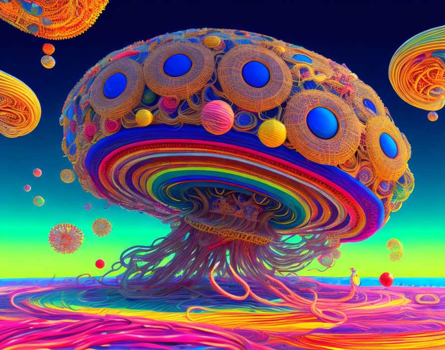 Colorful surreal landscape with mushroom-like structure and floating spheres.