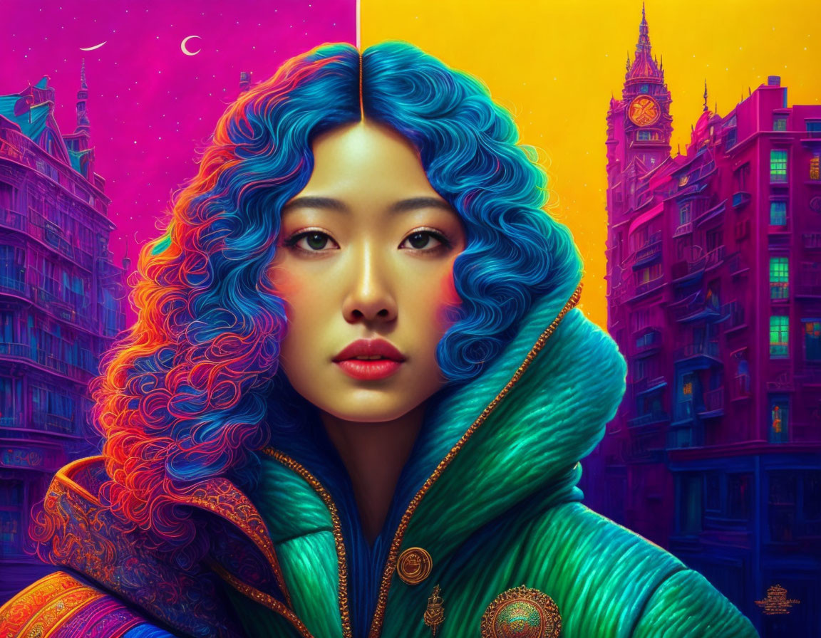 Colorful digital portrait of woman with curly hair against neon-lit backdrop and illustrated Big Ben