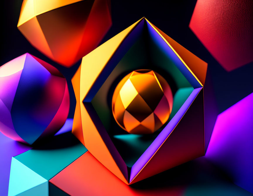 Colorful 3D Geometric Shapes with Glossy Finish on Dark Background