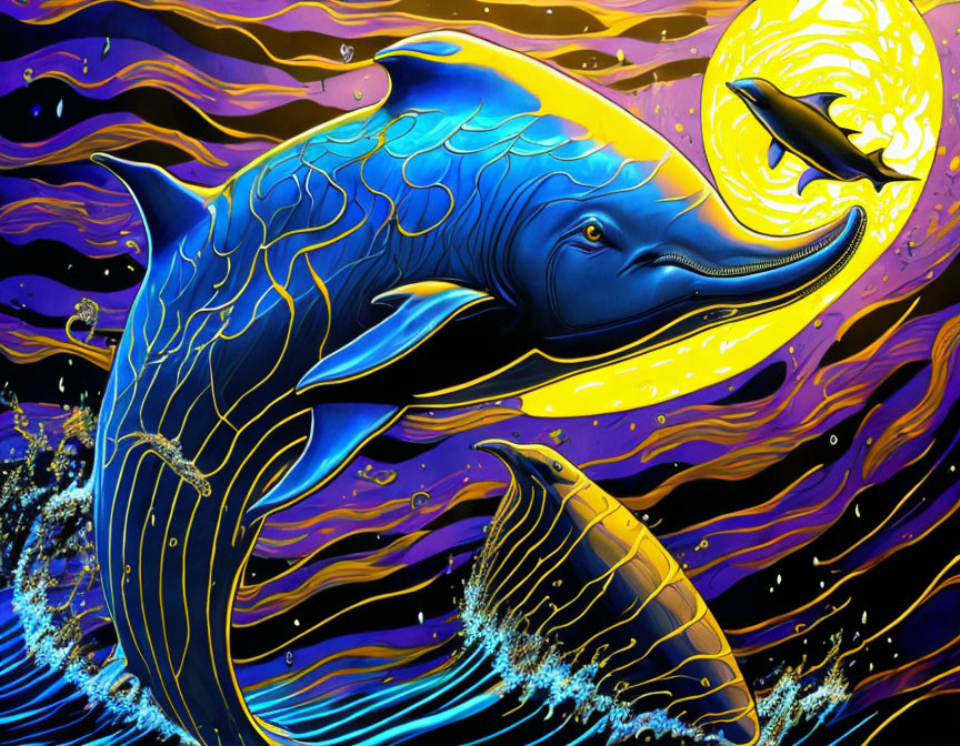 Colorful Blue Whale Swimming with Waves and Sun in Vibrant Illustration