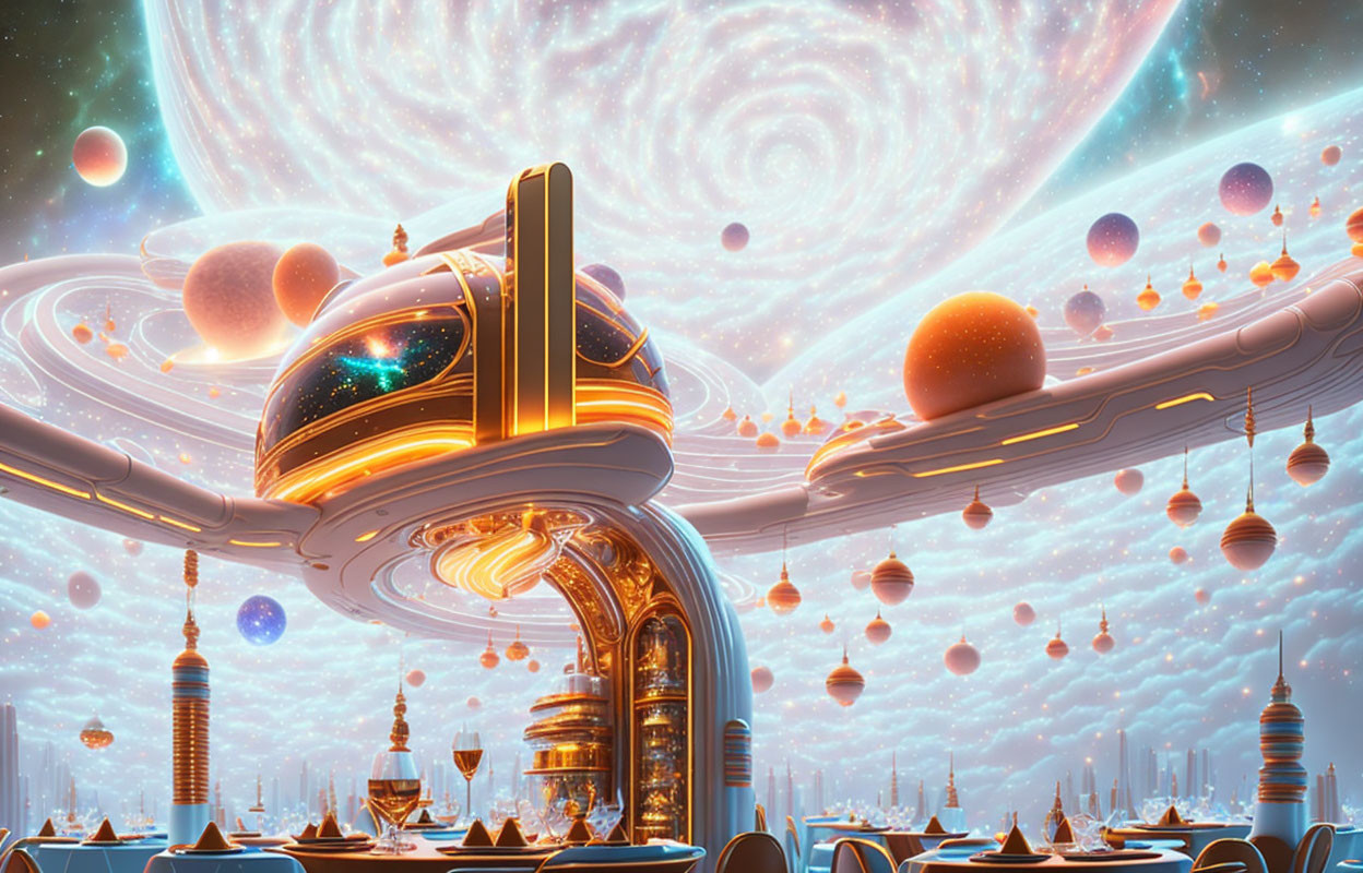 Futuristic sci-fi cityscape with swirling galaxy and celestial bodies