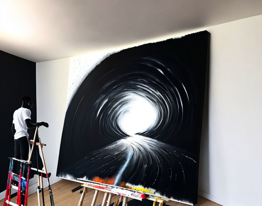 Artist painting black and white abstract tunnel on canvas in white room