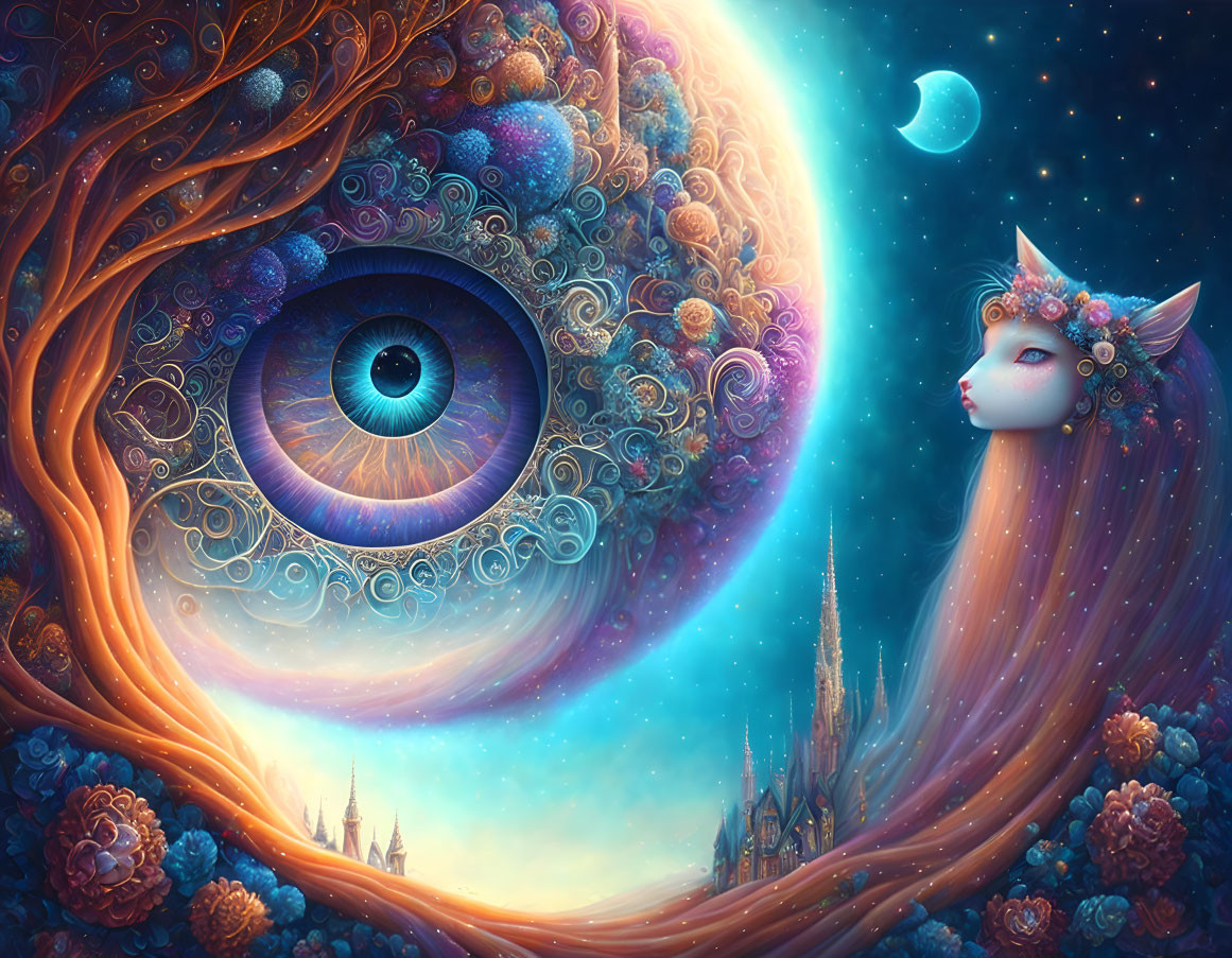 Fantasy-inspired image: massive eye, swirling trees, florals, horned cat, celestial bodies