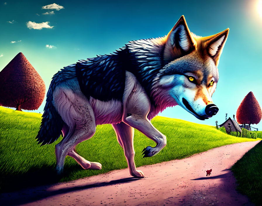 Digital artwork of cartoon wolf in oversized scale on vibrant green hillside