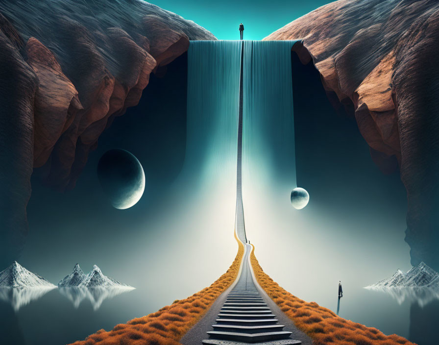 Person gazes at surreal floating landscape with planets, waterfall, and mountains.