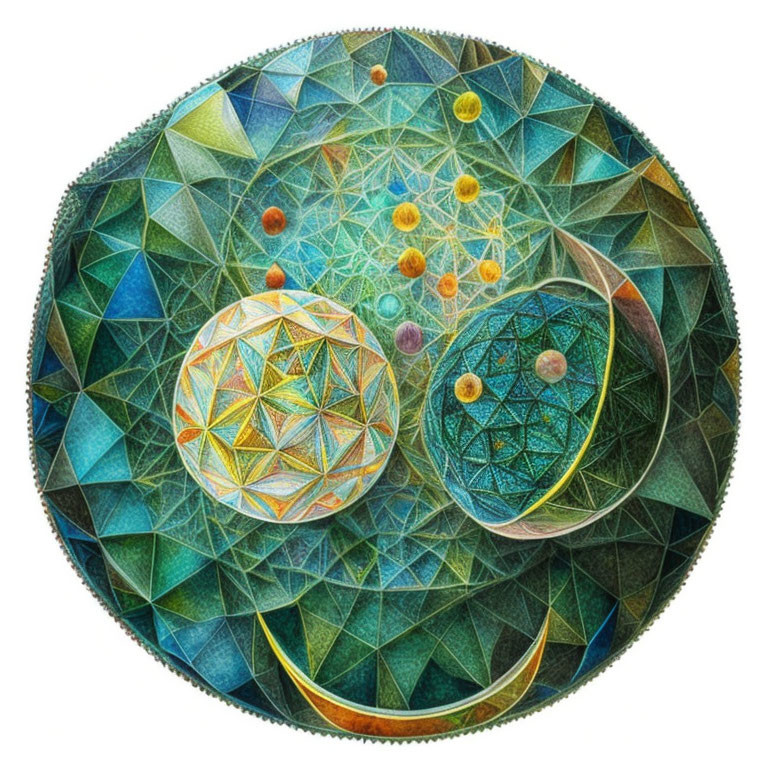 Intricate circular artwork with geometric patterns and spheres