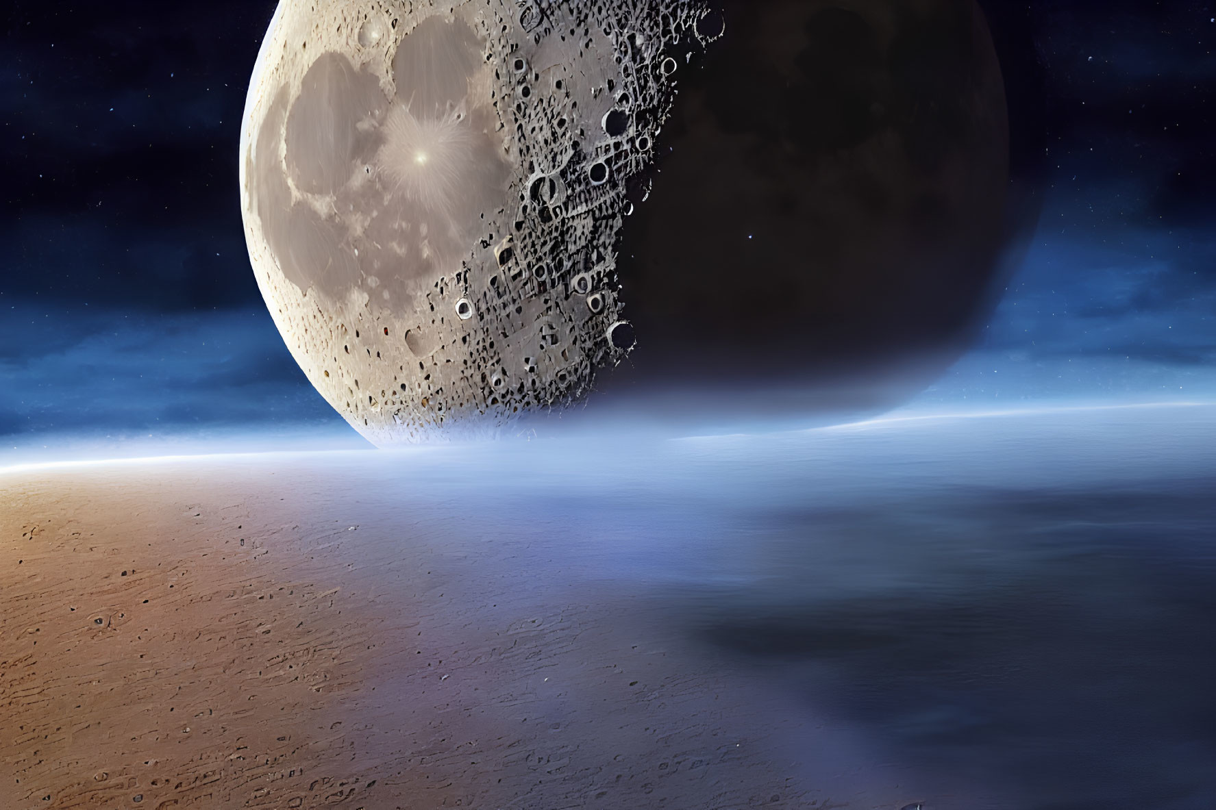 Vast desert under starry sky with large moon on horizon