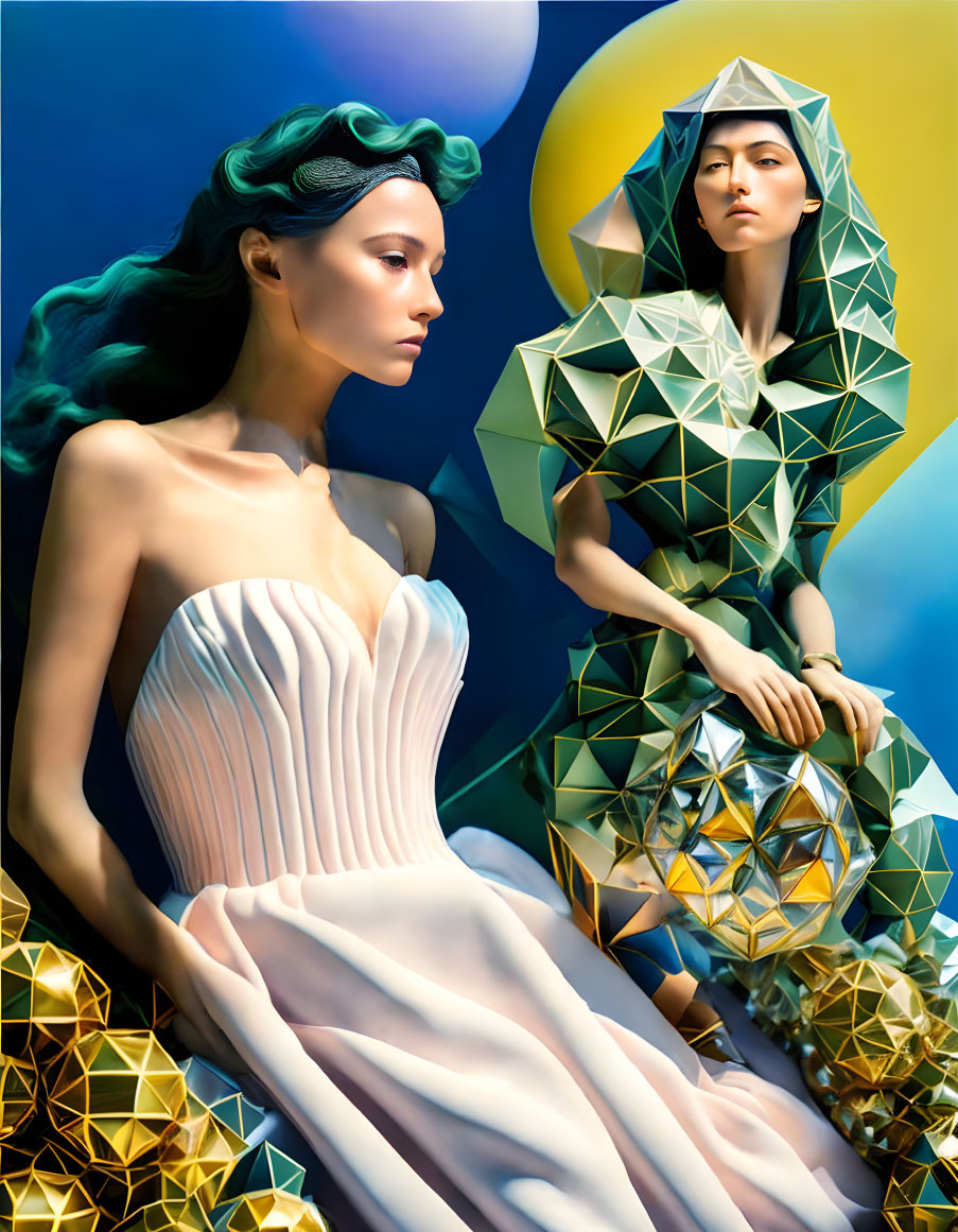 Stylized female figures in white and geometric patterns on blue and gold background