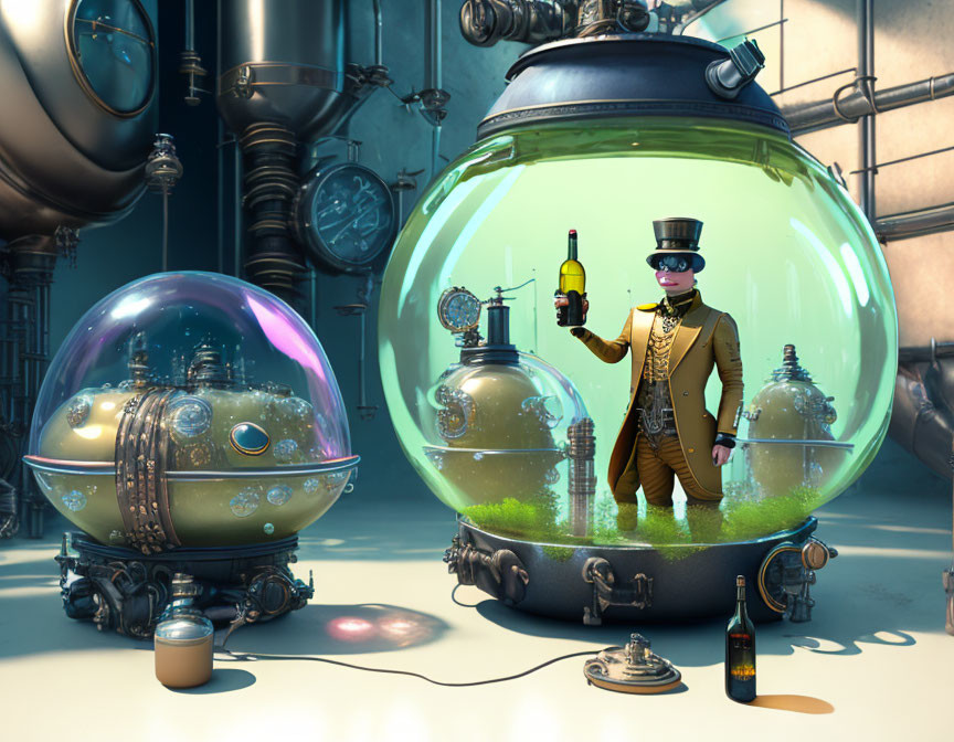 Man in top hat with wine bottle in green-tinted glass globe surrounded by mechanical elements