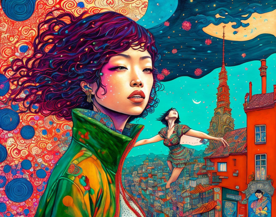 Colorful illustration of two women in front of swirling skies and whimsical cityscape