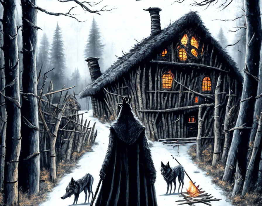 Cloaked Figure with Three Wolves Outside Thatched Cottage in Snowy Forest