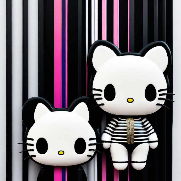 Three Hello Kitty figures with different expressions on striped backdrop with pink neon lights.