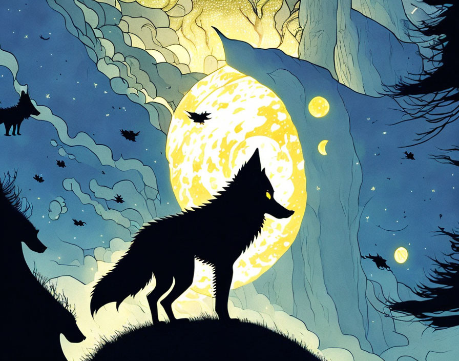 Silhouette of howling wolf under luminous full moon