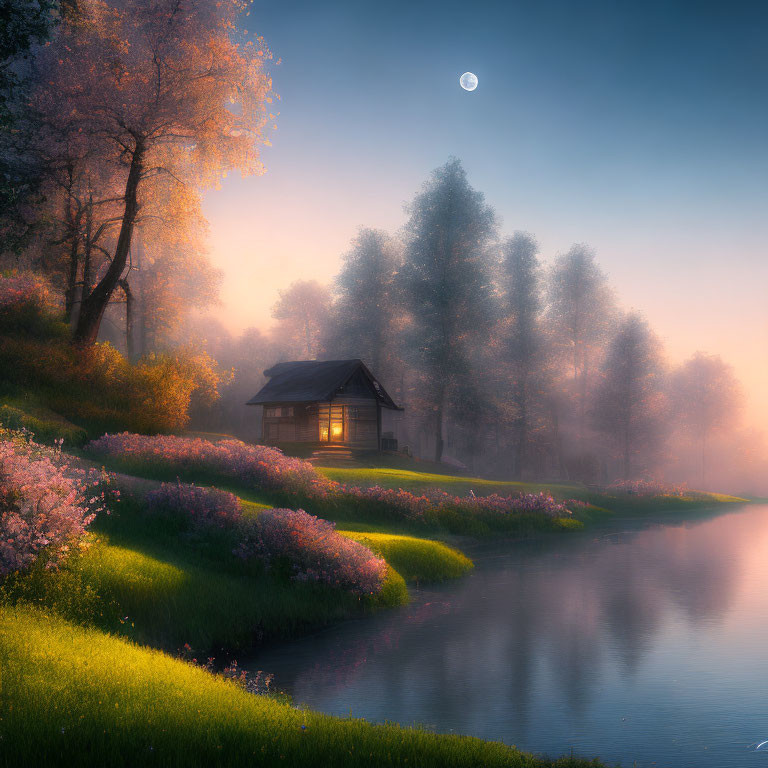 Tranquil cottage by river in twilight with crescent moon