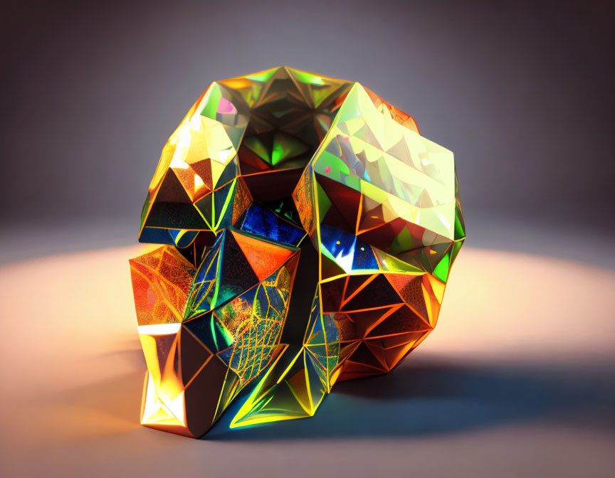 Vibrant abstract geometric sculpture with illuminated patterns on gradient background