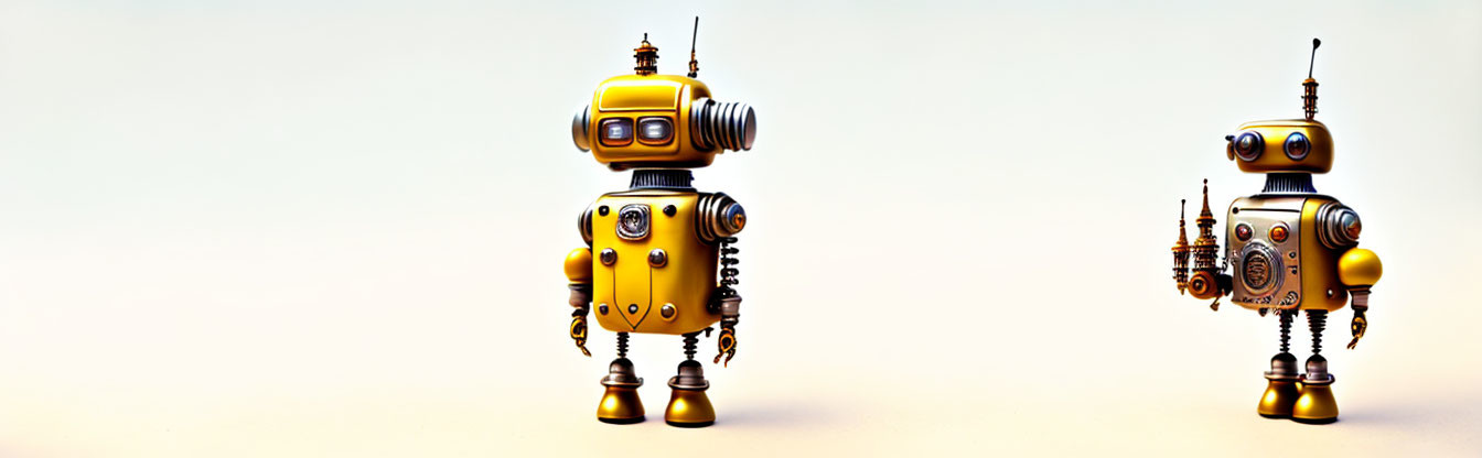 Vintage Golden Robots with Antennas and Dials on Light Background