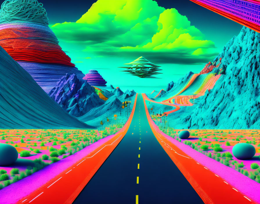 Vivid surreal landscape with straight road, neon mountains, teal sky, and floating pyramids