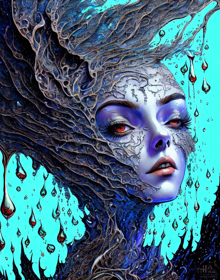 Surreal artwork: Woman's face with blue skin, wavy patterns, intricate details, tear