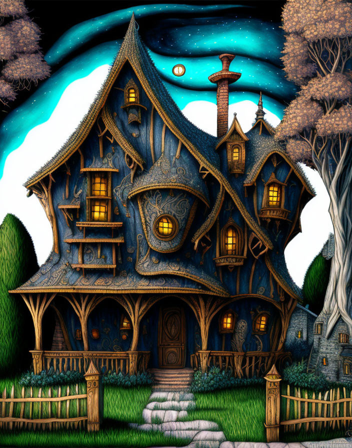 Detailed illustration of whimsical fantasy house with clock, trees, and starry sky