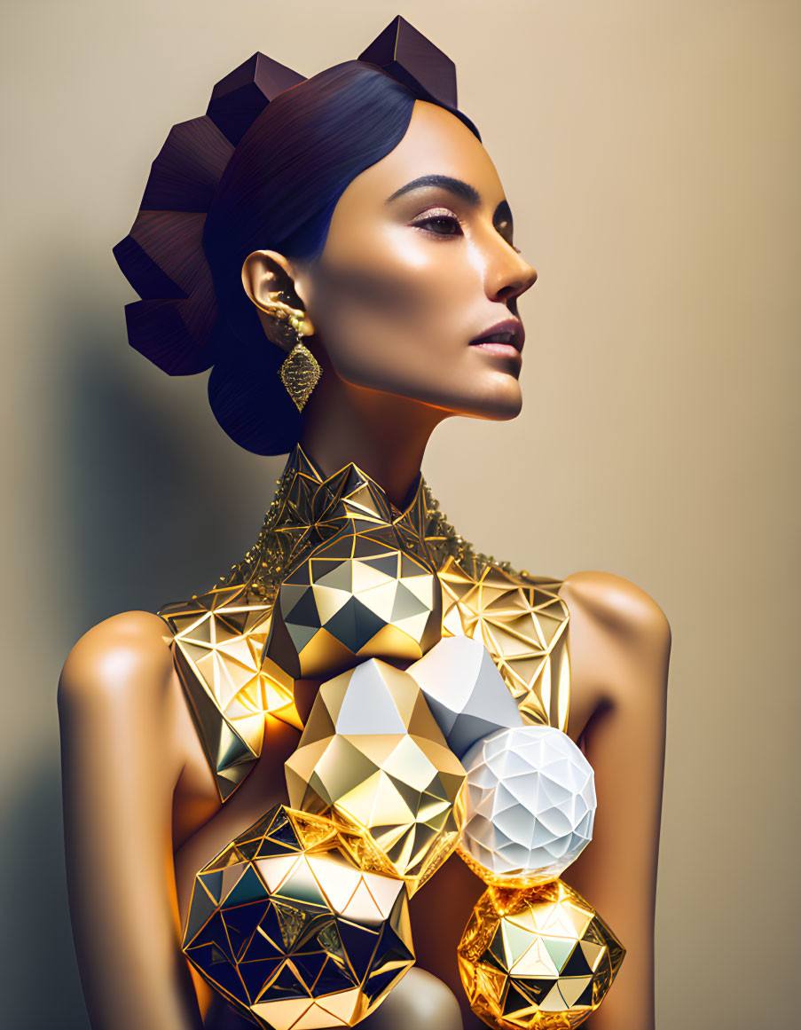 Stylized portrait of a woman with sleek hair and geometric accessories