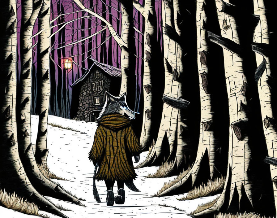 Anthropomorphic fox in yellow cloak approaching small cottage in dark, snowy forest