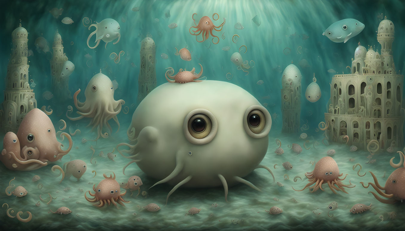 Underwater Scene with Large-Eyed Creature and Octopuses