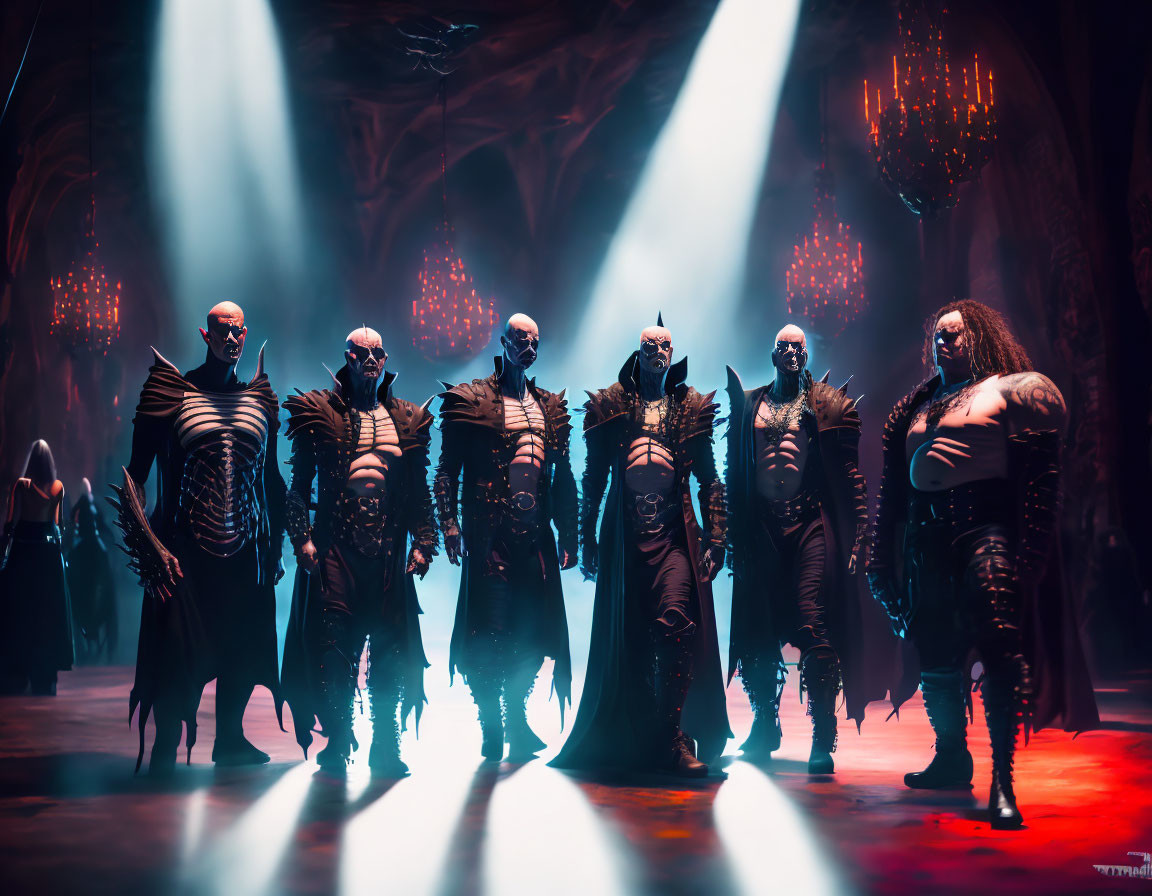 Individuals in dark gothic attire under blue light in ornate fantasy setting