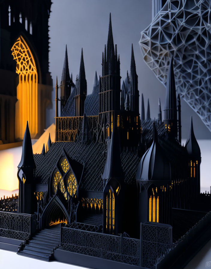 Detailed Gothic Cathedral Model with Illuminated Windows at Dusk