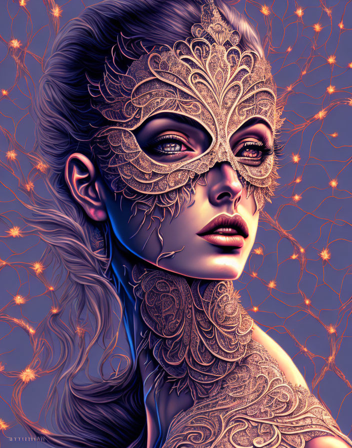 Portrait of a woman with lace mask, blue skin, flowing hair, and filigree patterns