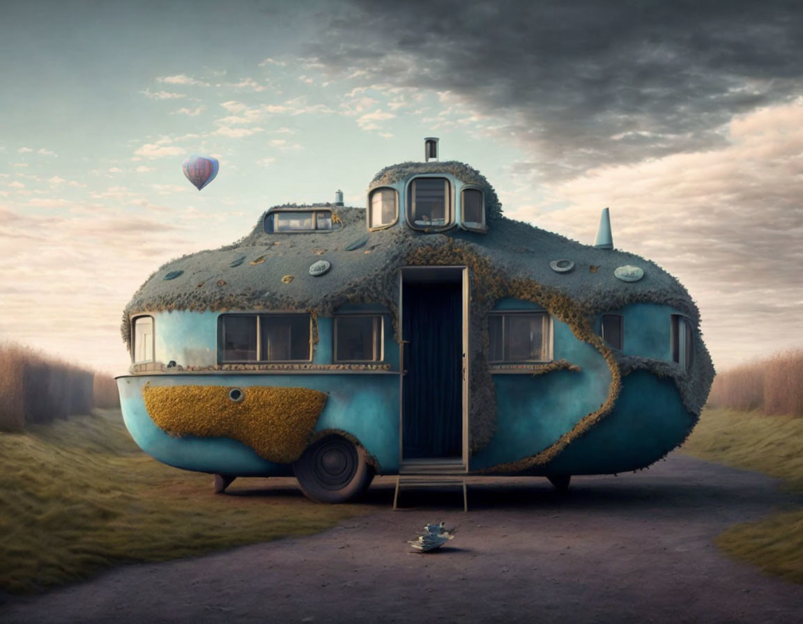 Quirky submarine-shaped house with open door, moss, and hot air balloon under serene sky