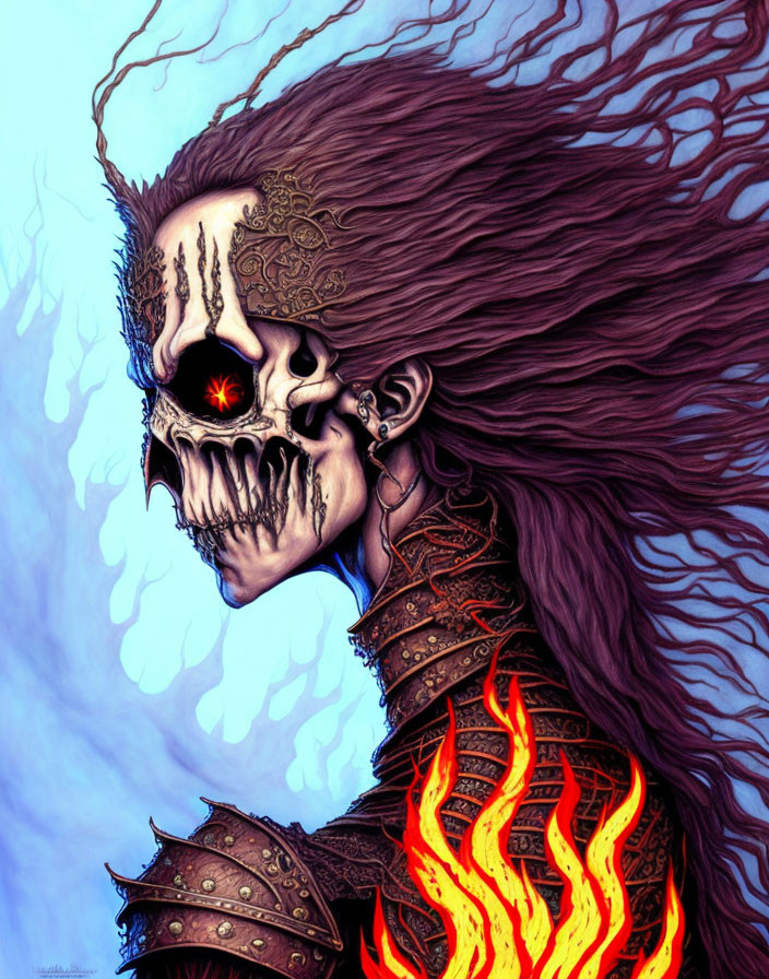 Macabre fantasy illustration of skeletal figure with glowing red eye