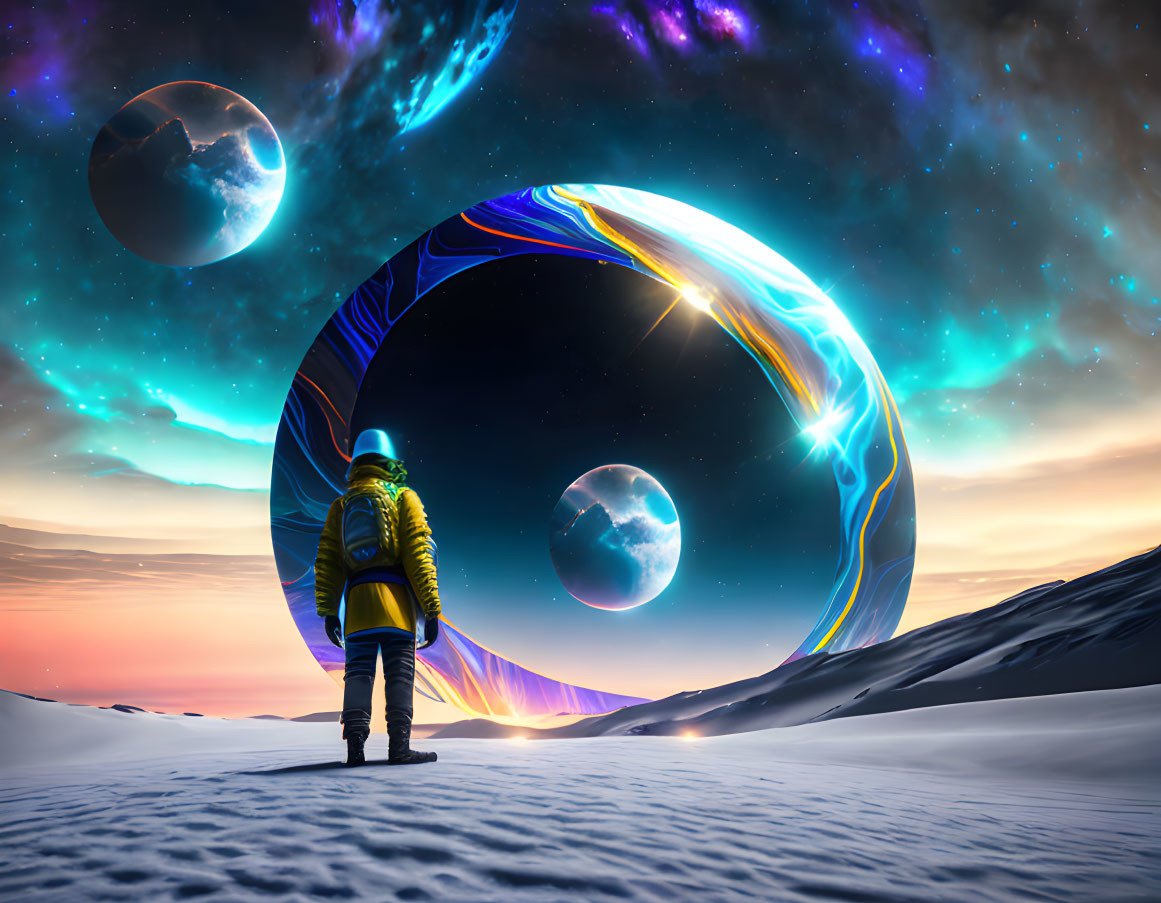 Person in yellow jacket gazes at vibrant portal in surreal snowy landscape